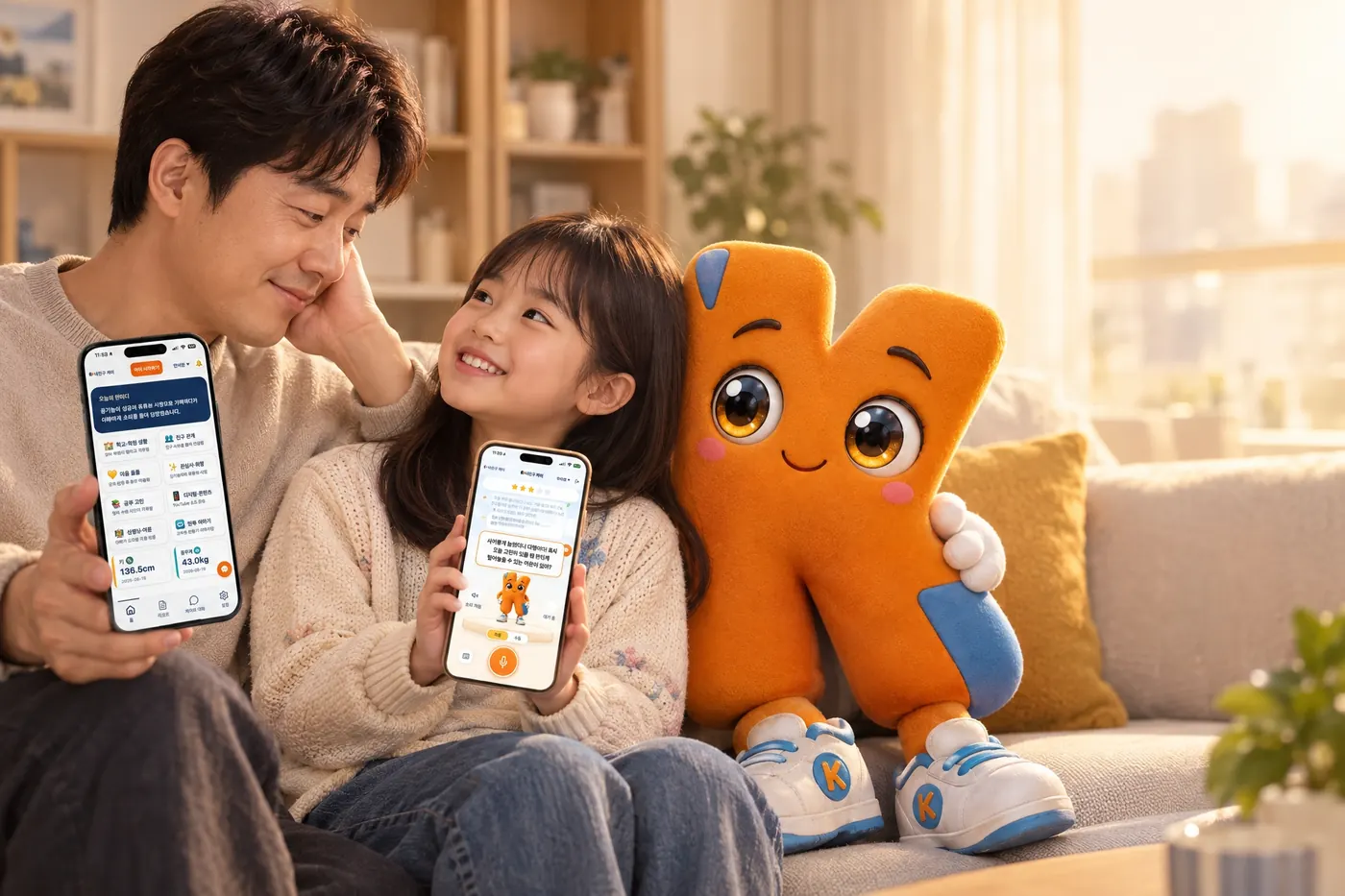 소파에 나란히 앉은 부모와 아이가 각자 휴대폰으로 케이를 보는 모습