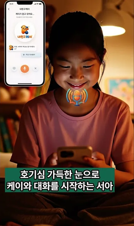 내친구 케이 소개 영상 맞벌이 부부편 — 아이가 늦은 시간 휴대폰으로 케이와 대화를 시작하는 장면
