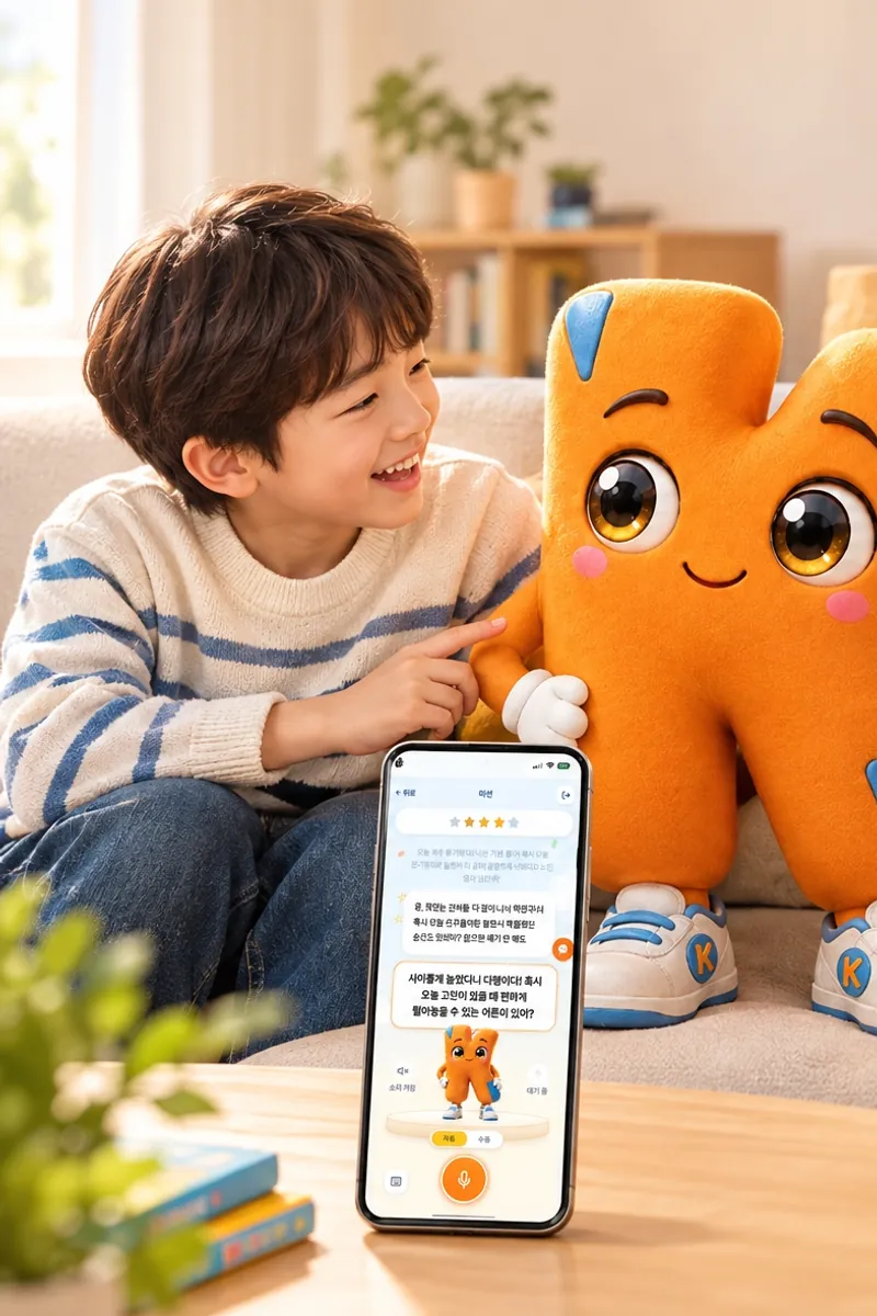 아이가 케이 인형 옆에서 휴대폰 속 케이와 이야기하는 모습